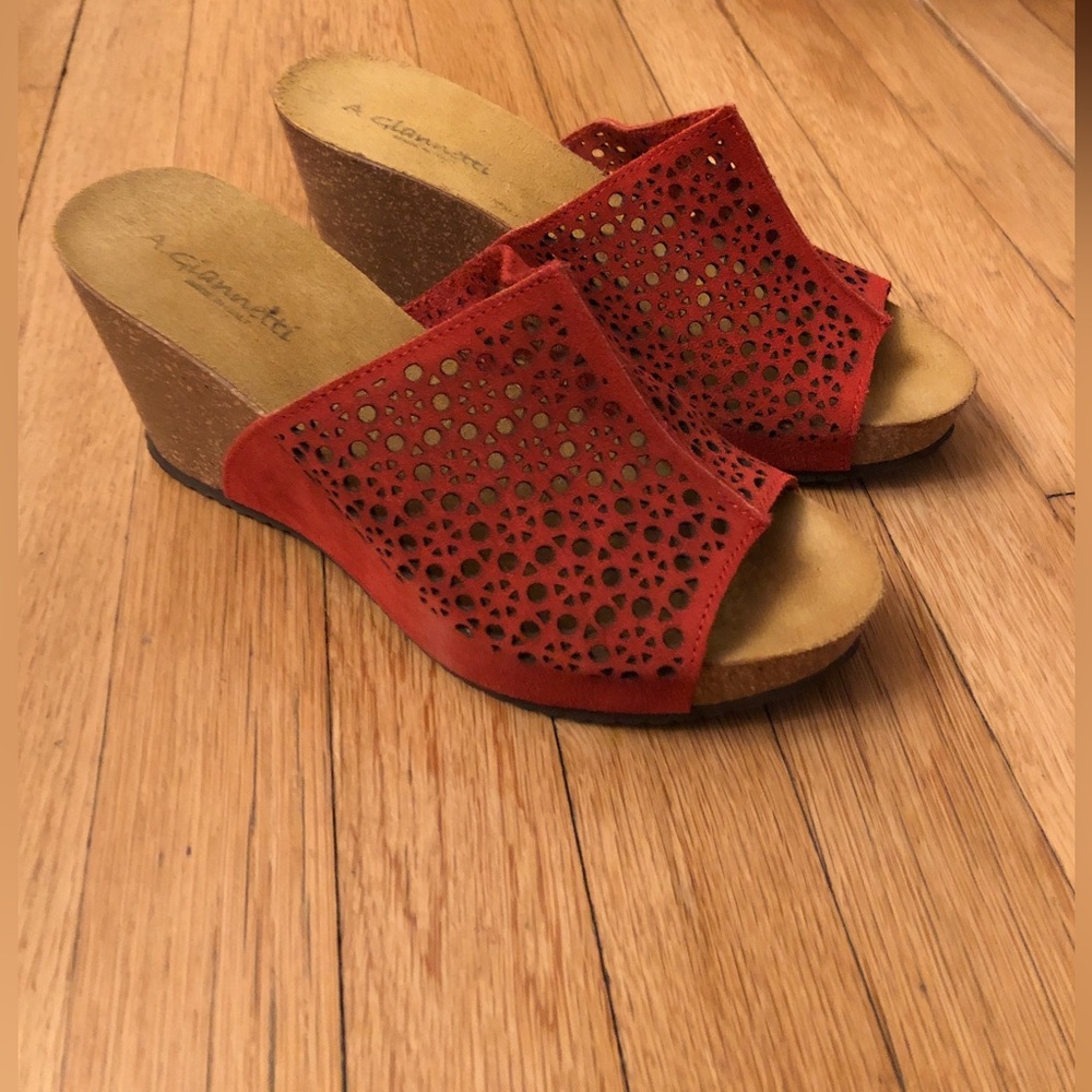 A Giannetti Red Wedge Sandals, Size 9, Made in Italy